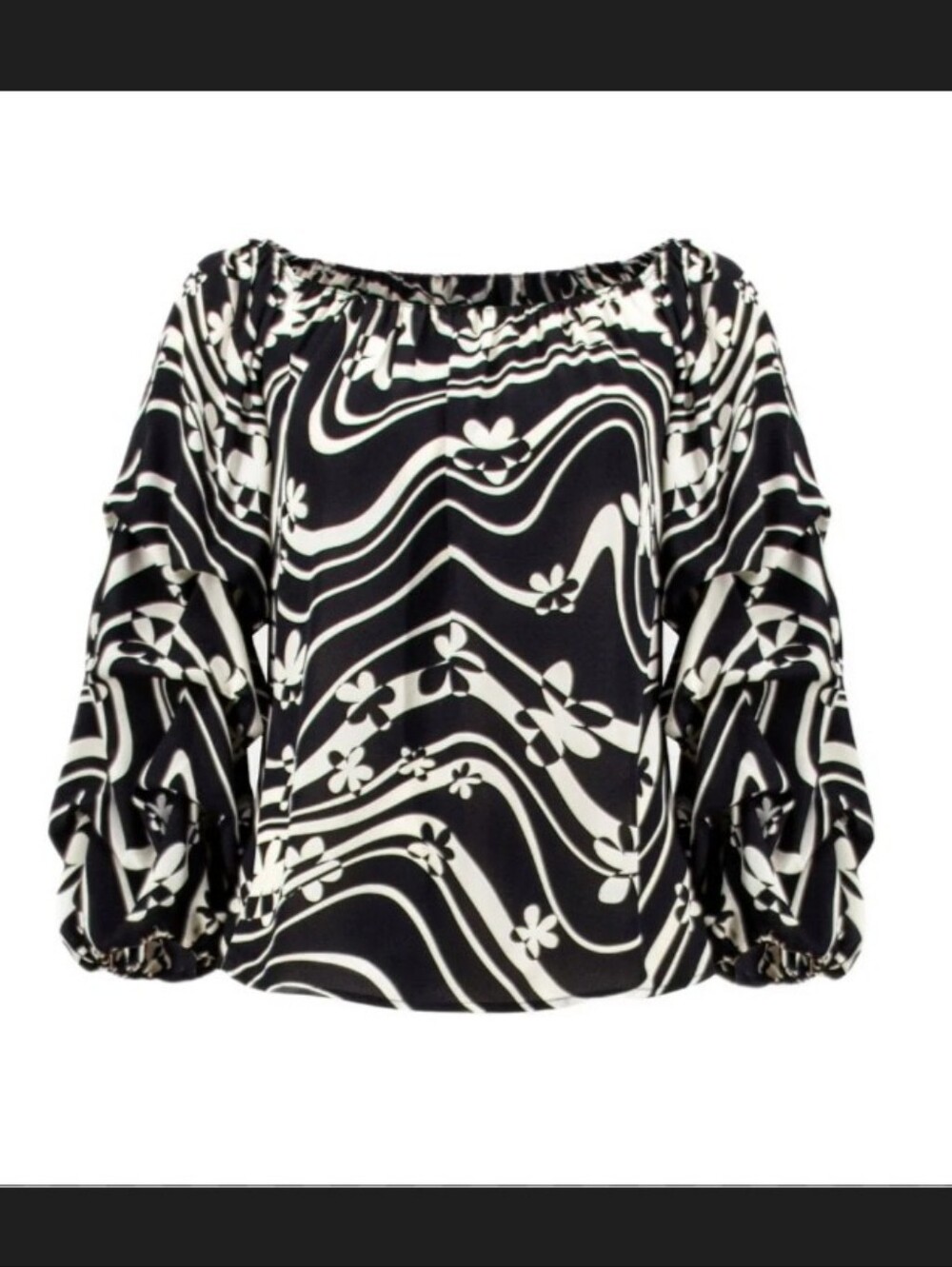 Joseph Ribkoff Black/Vainilla Ruched Sleeves Flower Power Top Women's Size 8